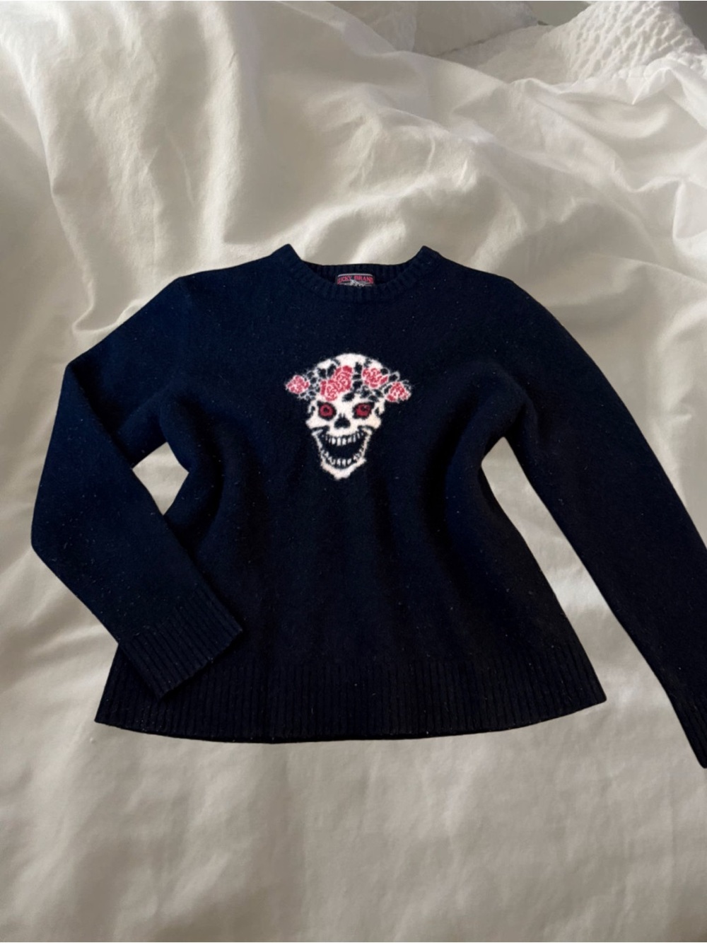 Black Crewneck Sweater with Floral Skull Motif